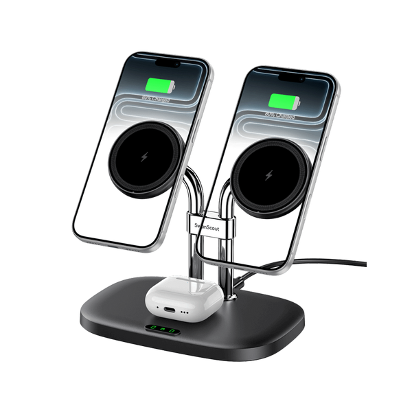 SwanScout 706M black 3-in-1 magnetic charging station, simultaneously powering two iPhones with MagSafe compatibility and AirPods.