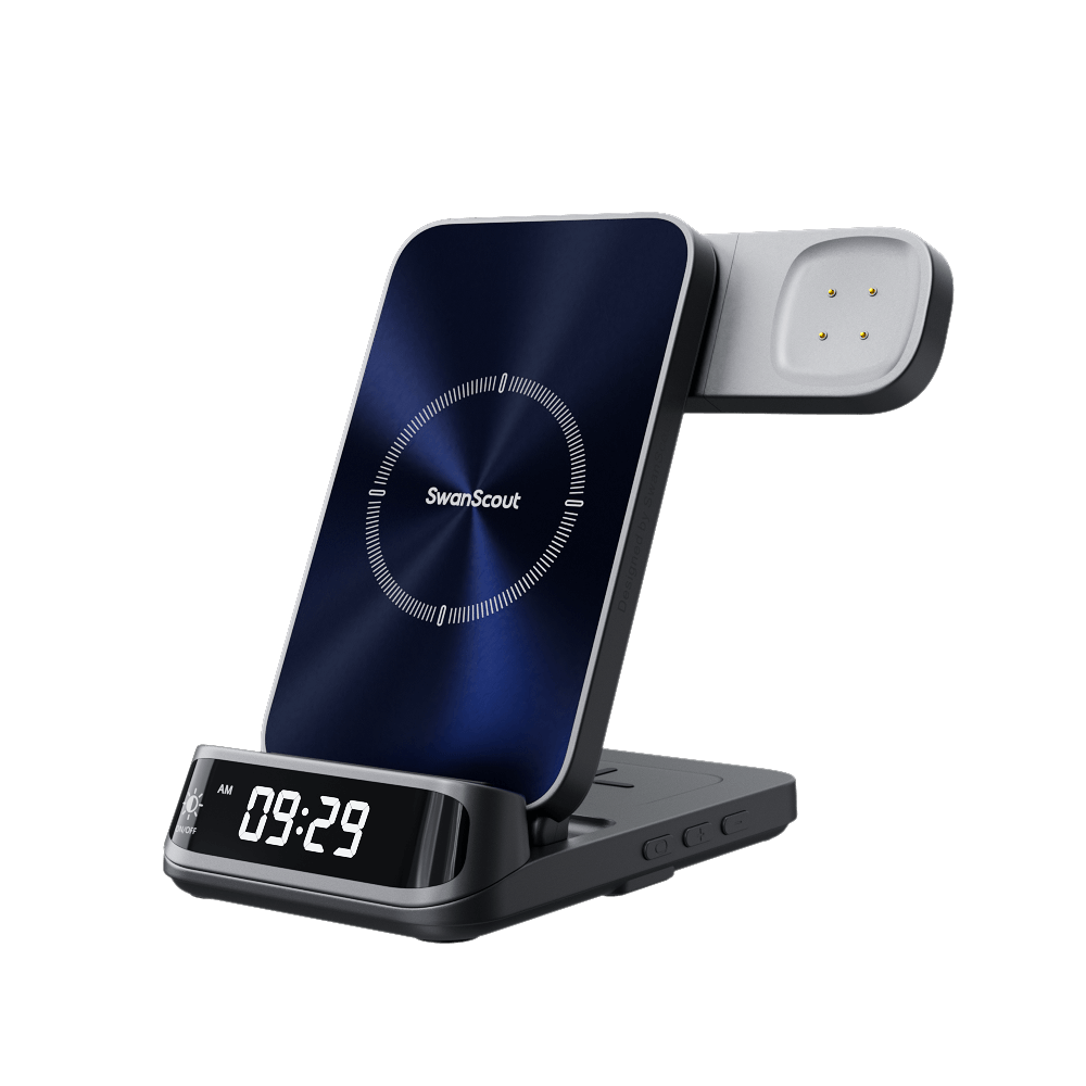 Front and rear view of the unfolded SwanScout 708G2, featuring an optical-texture UV coating, metallic body, and a curved 3D LED display.