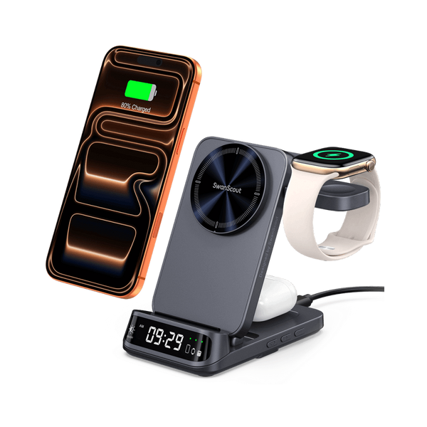 SwanScout 708M 3-in-1 magnetic wireless station charging iPhone 16 Pro Max, Apple Watch 10, and AirPods with a curved 3D LED clock display.