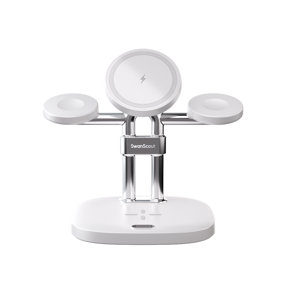 Front view of the white SwanScout 709M quad wireless charging station, highlighting the dedicated docks for two watches and earbuds.