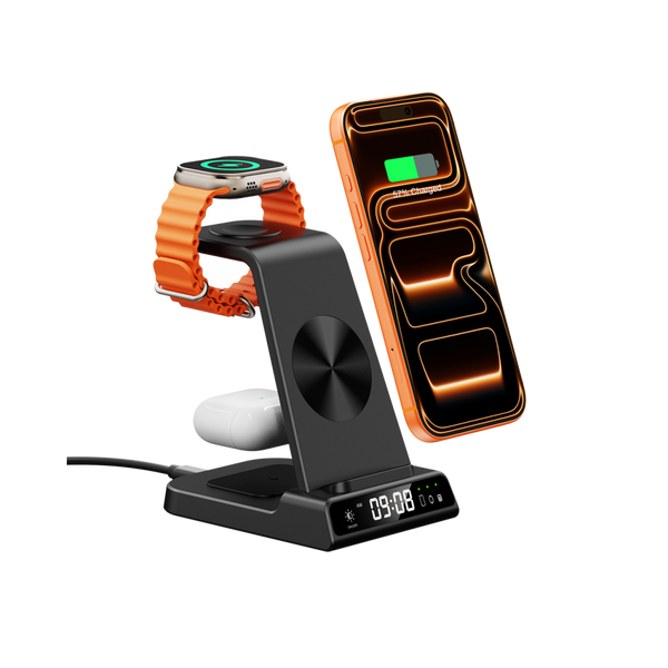 SwanScout C02 3-in-1 charging station powering an iPhone 17 Pro, Apple Watch 10, and AirPods Pro 2 with an integrated digital clock.