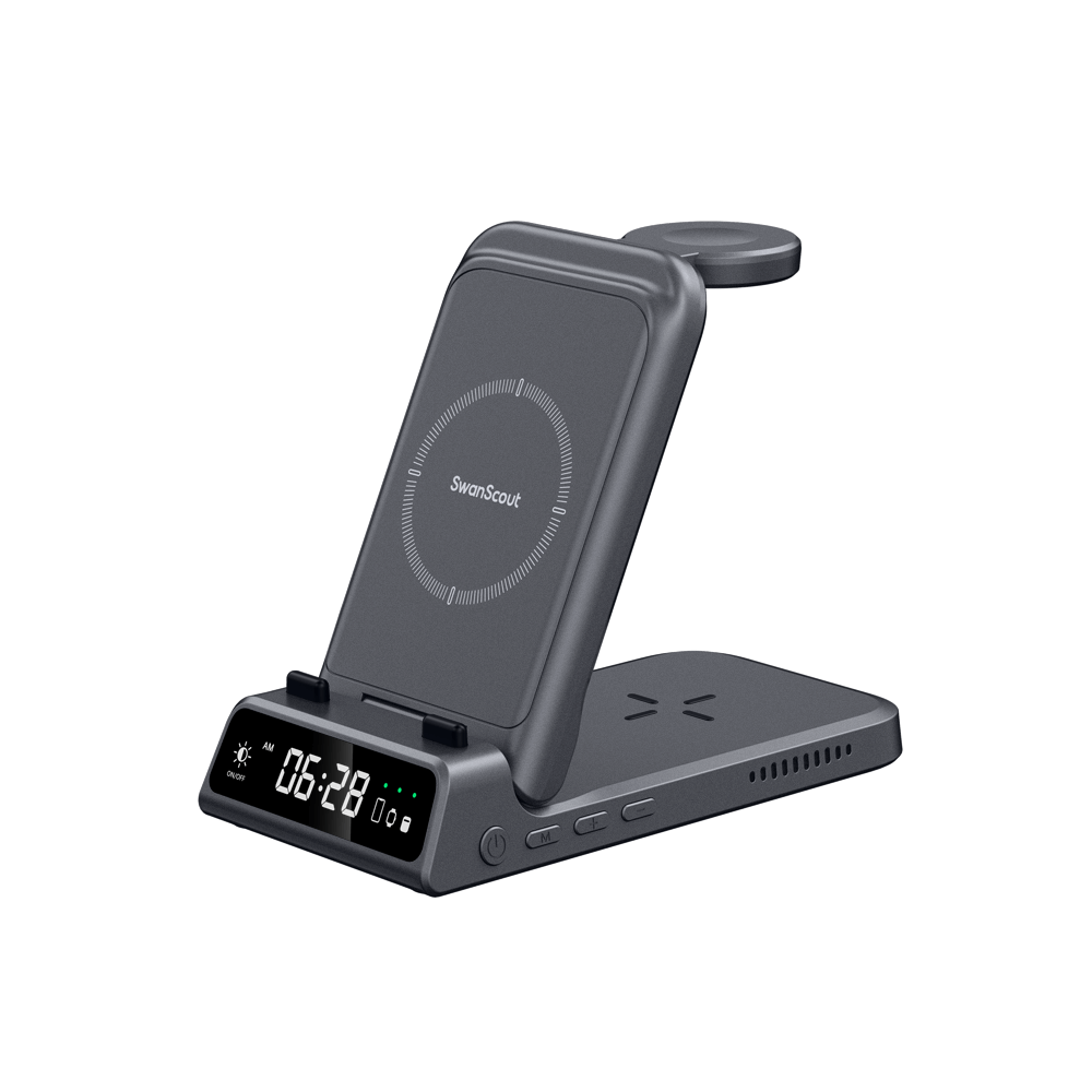 SwanScout 703A – 3-i-1 trådlös laddare för Apple med klocka