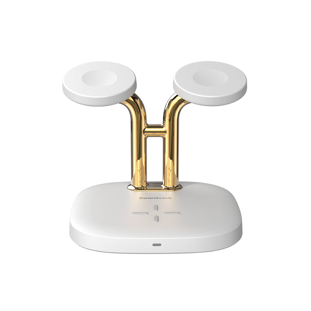 SwanScout 704A | Dual wireless charger for apple watch, featuring a gold metal stand for a stylish and stable charging experience.