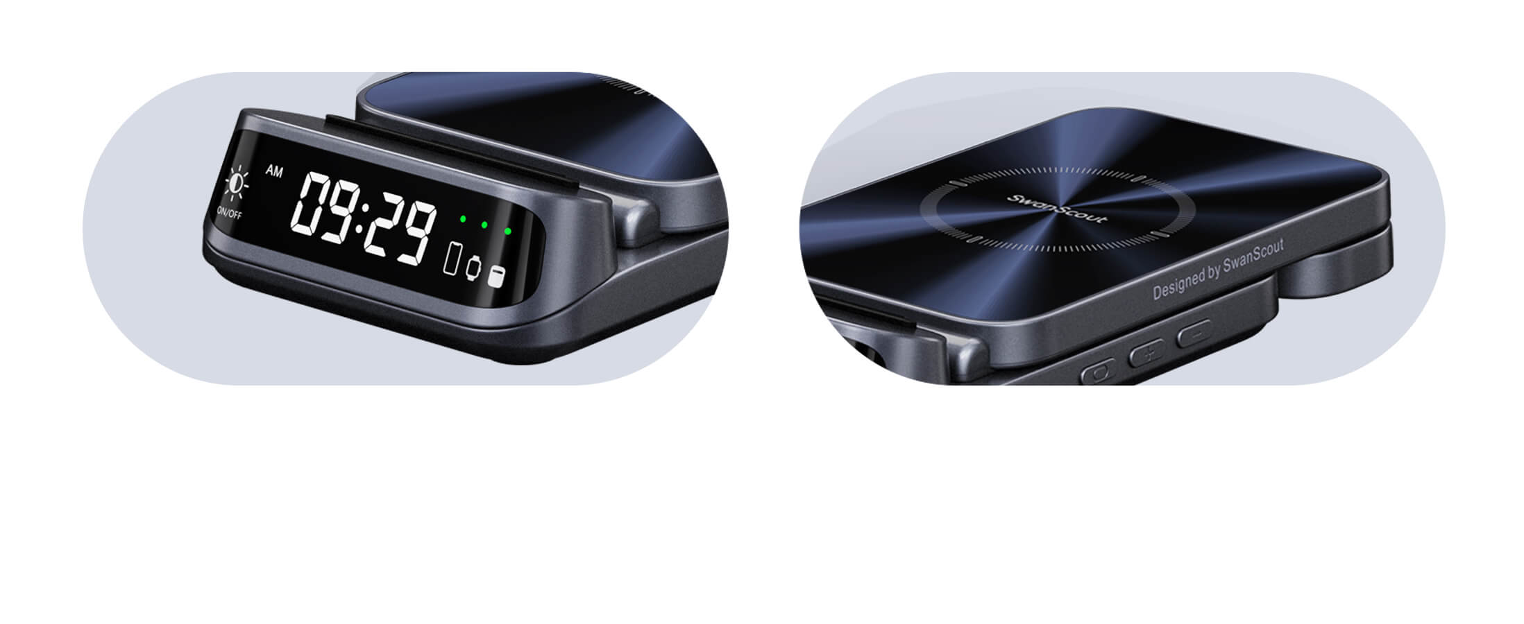 Curved digital display with UV protective coating on SwanScout 708G2 wireless charging clock stand