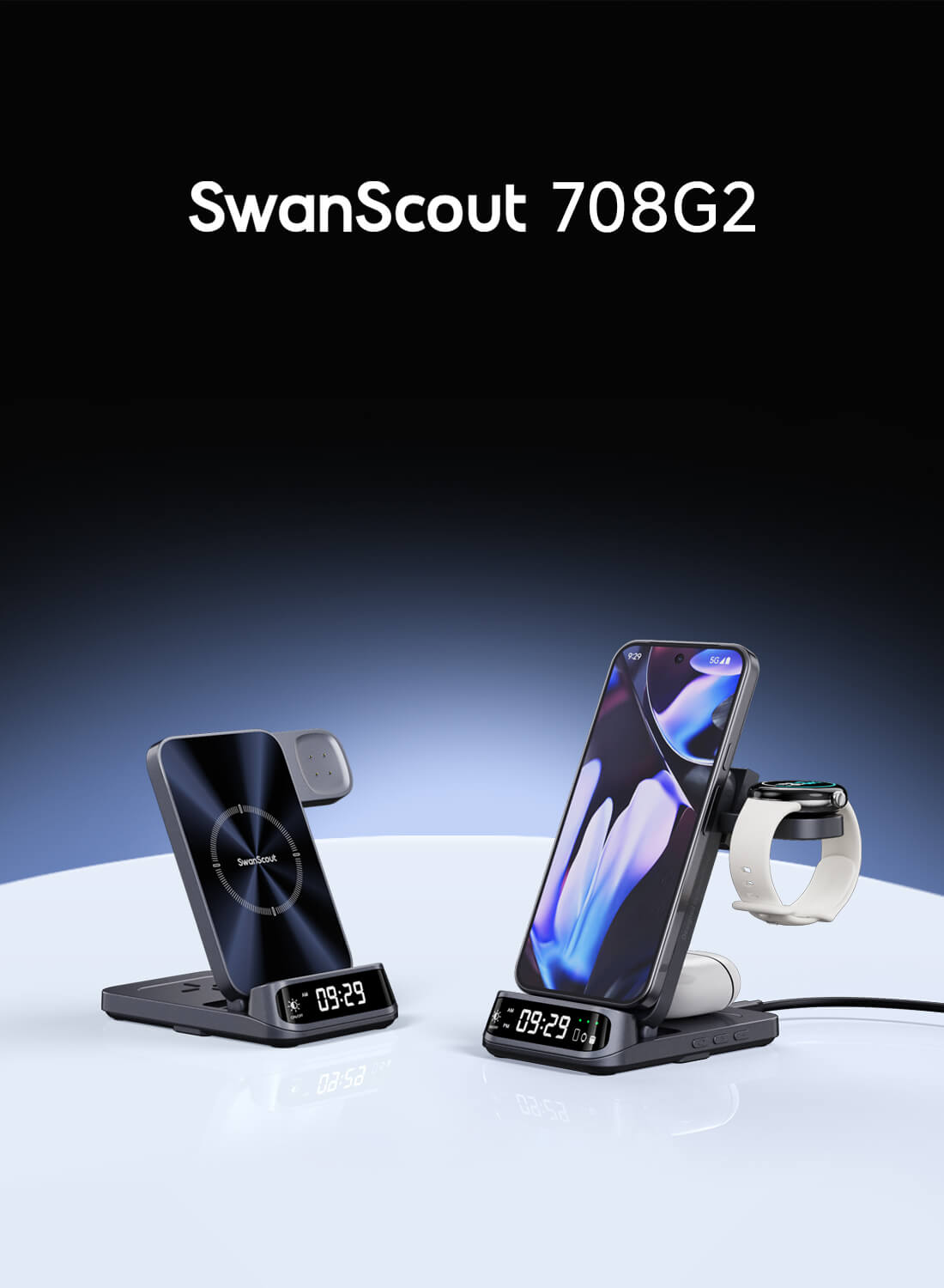 Foldable 3-in-1 design of SwanScout 708G2 shown in travel-ready compact form