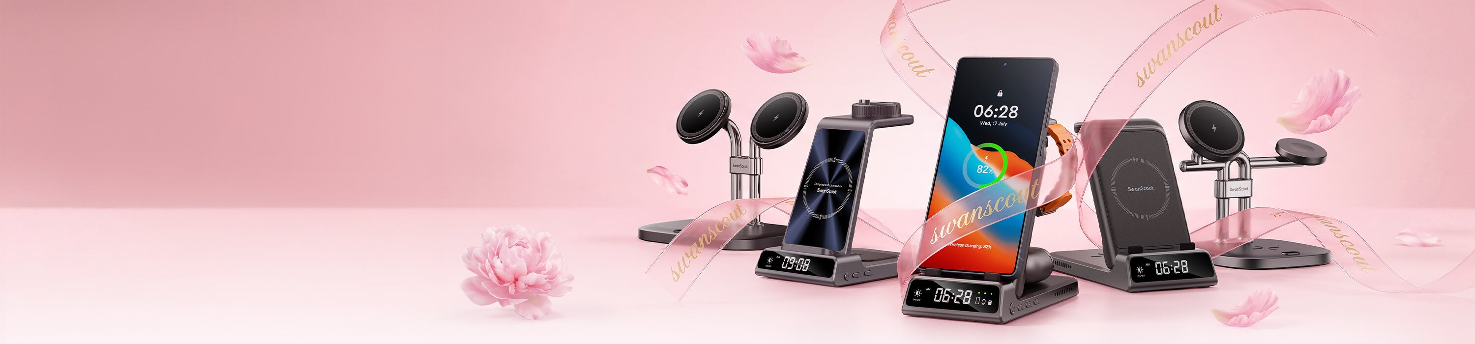 Mother’s Day SwanScout collection banner featuring 5 multi-functional wireless charging stations in a pink floral gift-themed design with gold SwanScout ribbon logo
