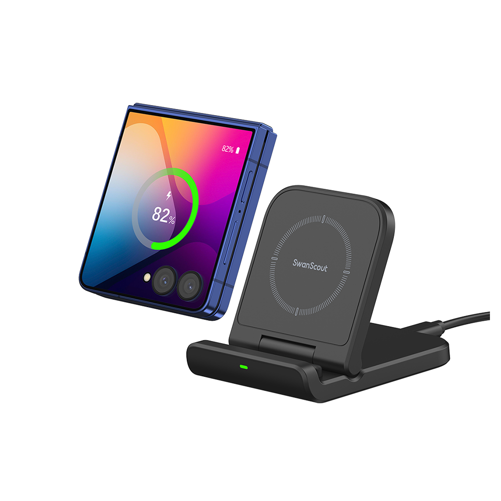 SwanScout 501S wireless charger for Samsung Z Flip 7 in black, compact and foldable stand for travel and desk use
