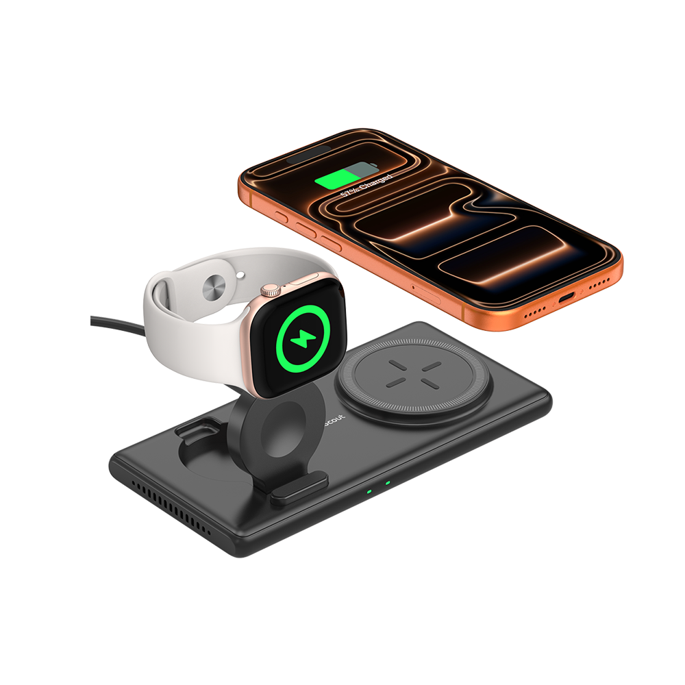 SwanScout 502M 2-in-1 magnetic wireless charger for Apple devices, charging iPhone and Apple Watch simultaneously with foldable stand, portable for travel