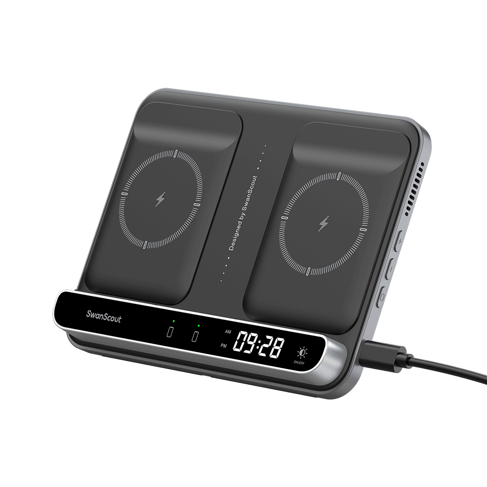 Gray dual phone wireless charging station side view with clock buttons and vent holes SwanScout 504