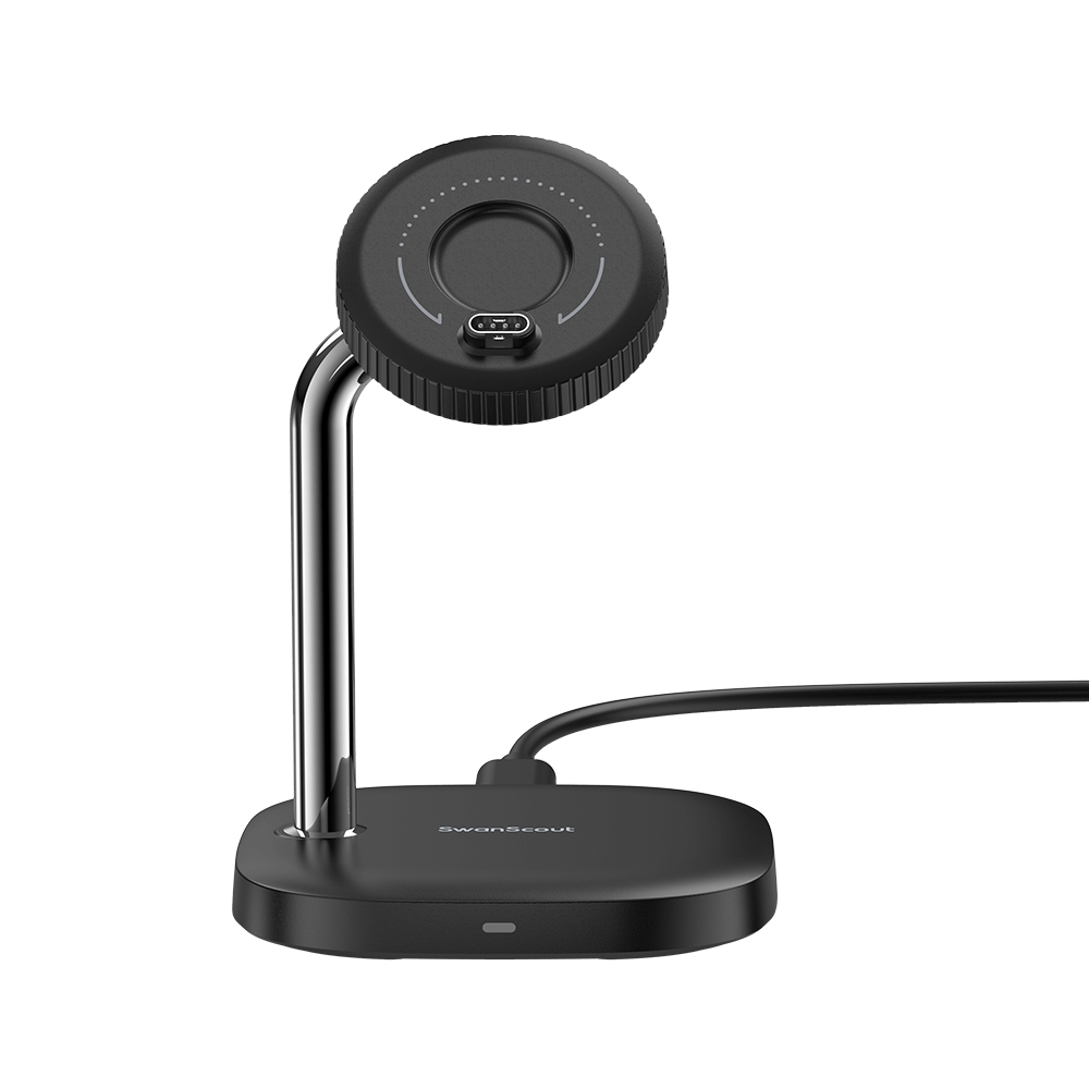 Front view of SwanScout 505GM highlighting the 90-degree rotatable charging connector for easy alignment with various Garmin watch models