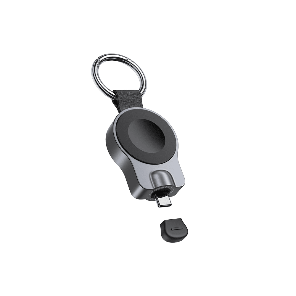 SwanScout 510A portable Apple Watch charger with rotatable USB-C design and silicone cap, front-left view.