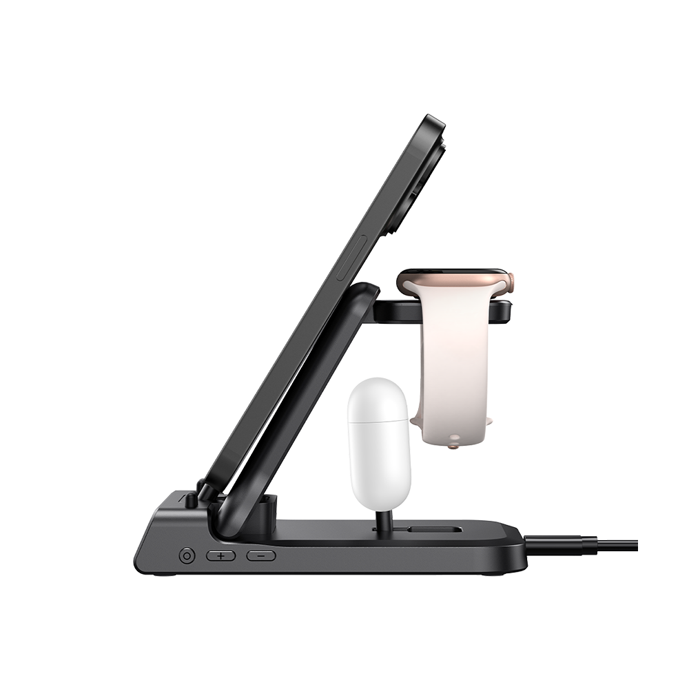 SwanScout 701A 3 in 1 wired charging station for Apple devices, supports iPhone fast wired charging, wireless Apple Watch charging, and AirPods charging