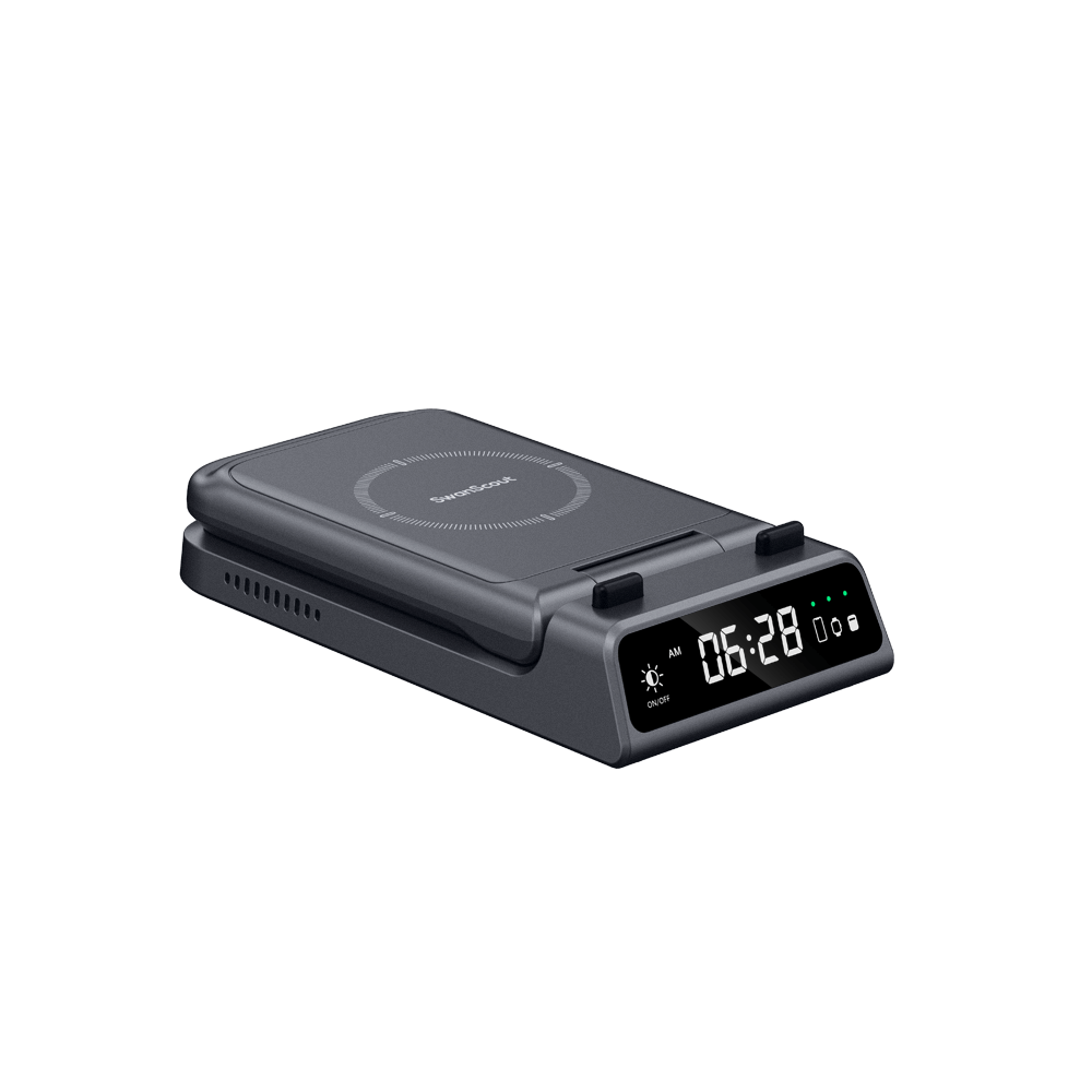 Gray version of SwanScout 703A foldable charger, highlighting the portable design and versatile functionality as both a charger and a phone stand