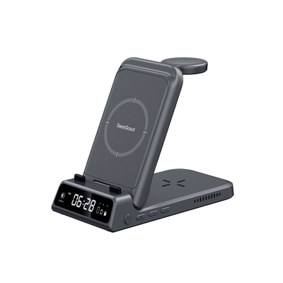 SwanScout 703S 3-in-1 foldable wireless charger for Samsung with adjustable clock display and brightening screen.