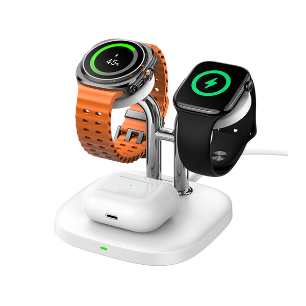 SwanScout 704D 3-in-1 wireless charging station simultaneously powering an Apple Watch, a Samsung Galaxy Watch, and wireless earbuds