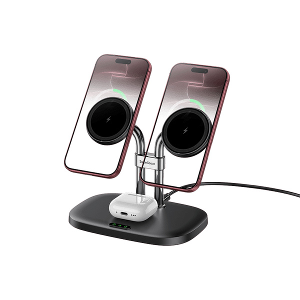 Black dual magnetic iPhone charger stand charging two iPhones and AirPods SwanScout 706M
