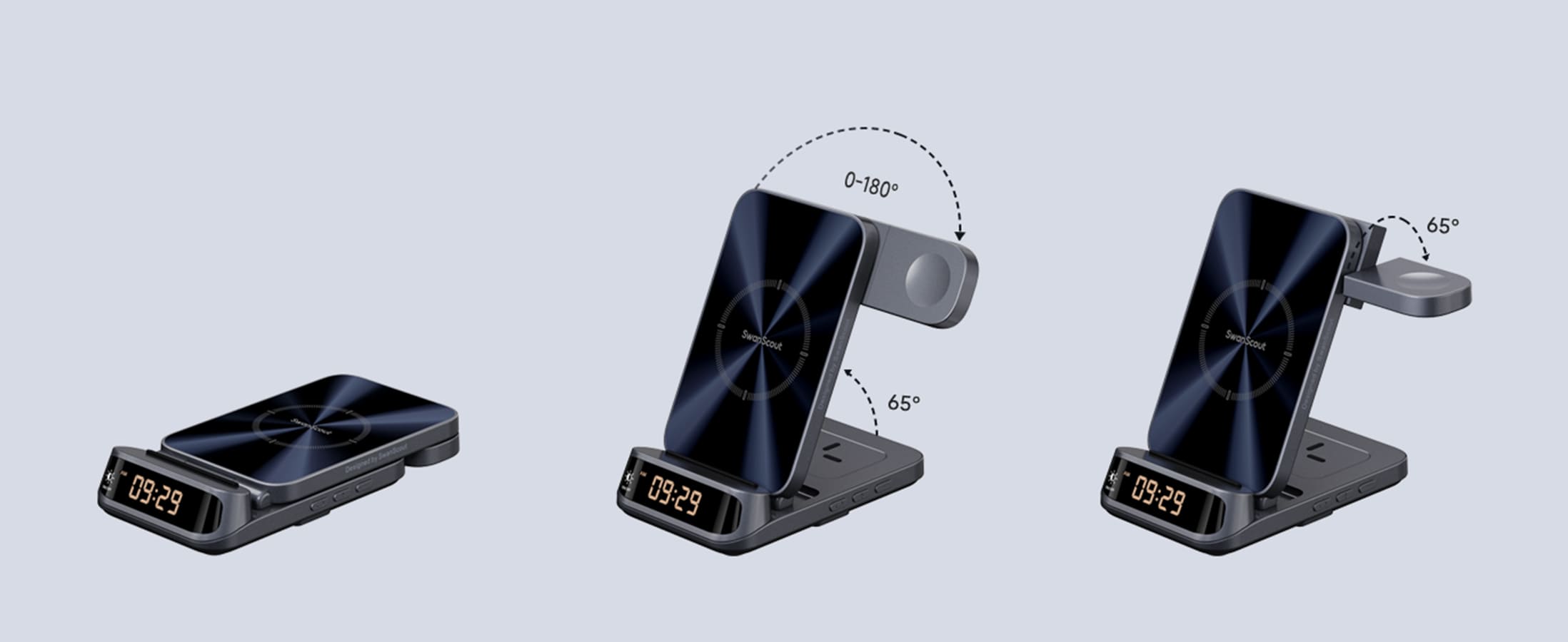 Foldable design and rotatable Apple Watch charger on the SwanScout 708A 3-in-1 wireless charger
