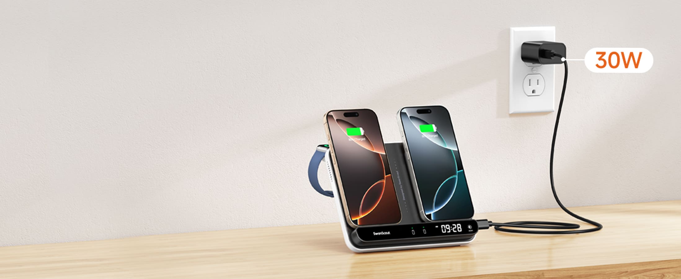 30W total power dual phone charging station with 5W Apple Watch charging SwanScout 710A