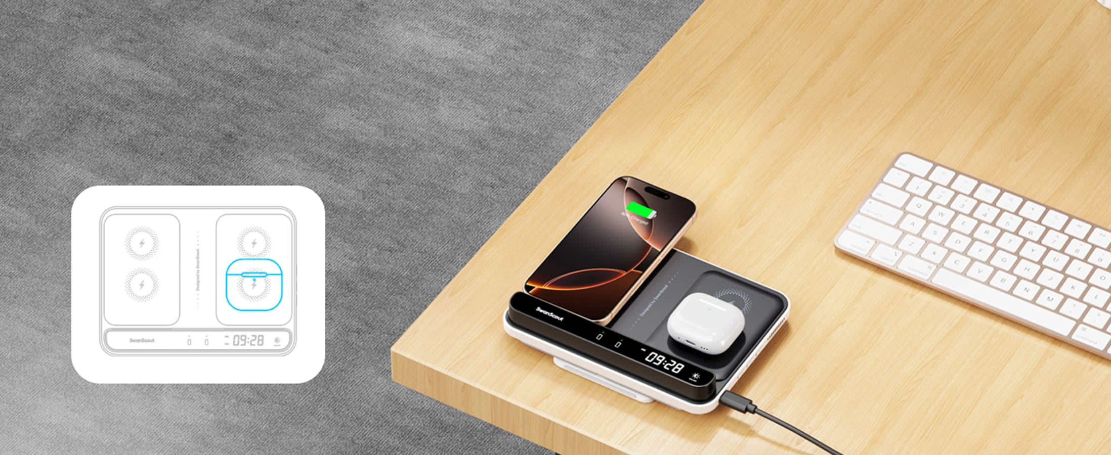Flat design for horizontal phone charging with an earbud charging area on the SwanScout 710A
