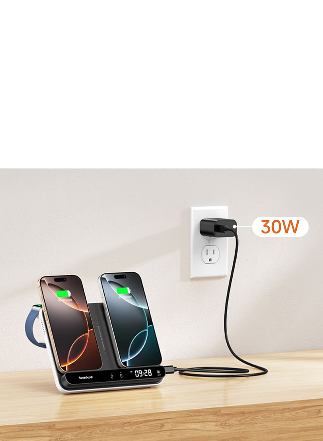 30W total power dual phone charging station with 5W Apple Watch charging SwanScout 710A