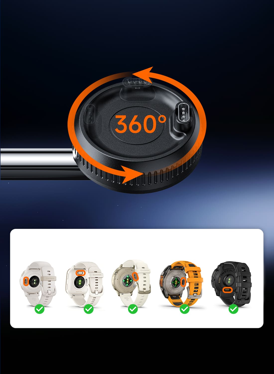 360 degree rotating Garmin charger head on SwanScout 712GM with compatible watch ports