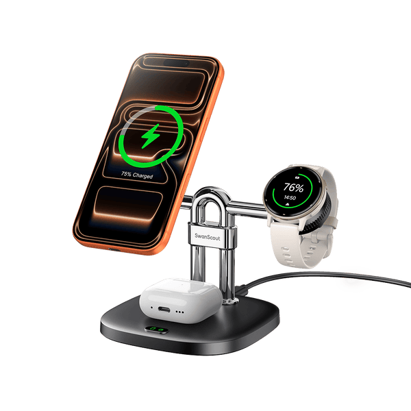 SwanScout 712GM 3-in-1 magnetic charger stand powering iPhone AirPods and Garmin watch
