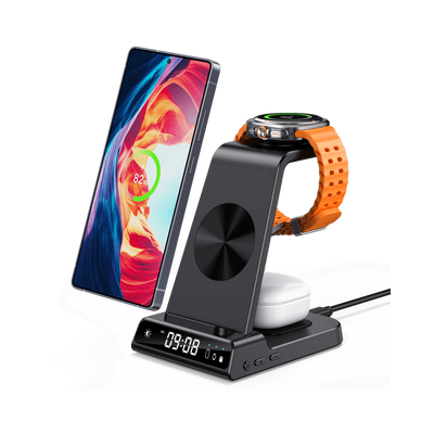 SwanScout C01 3-in-1 wireless charging stand for Samsung, with space for Galaxy S25 Ultra, smartwatch, and wireless charging pad.