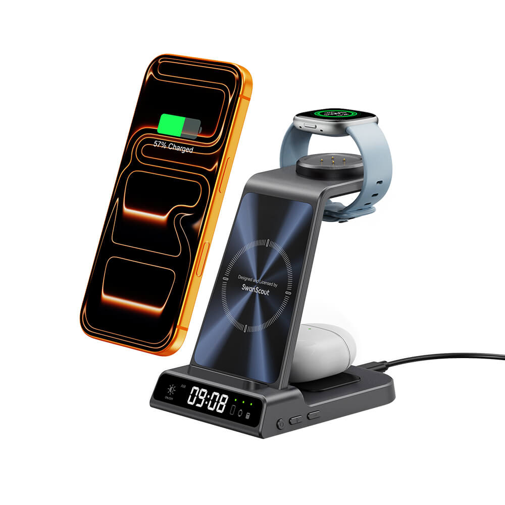 SwanScout C01FB 3-in-1 wireless charger stand for Fitbit watch, shown from right front with Pixel Watch charging capabilities