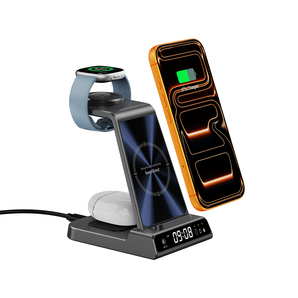 SwanScout C01FB 3-in-1 wireless charger stand for Fitbit watch, shown on a desk with a sleek design and organized setup.