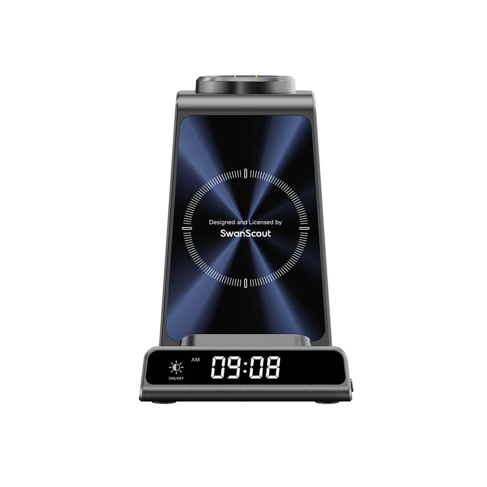 SwanScout C01FB 3-in-1 wireless charger stand for Fitbit watch, front view showing ergonomic design and charging port.