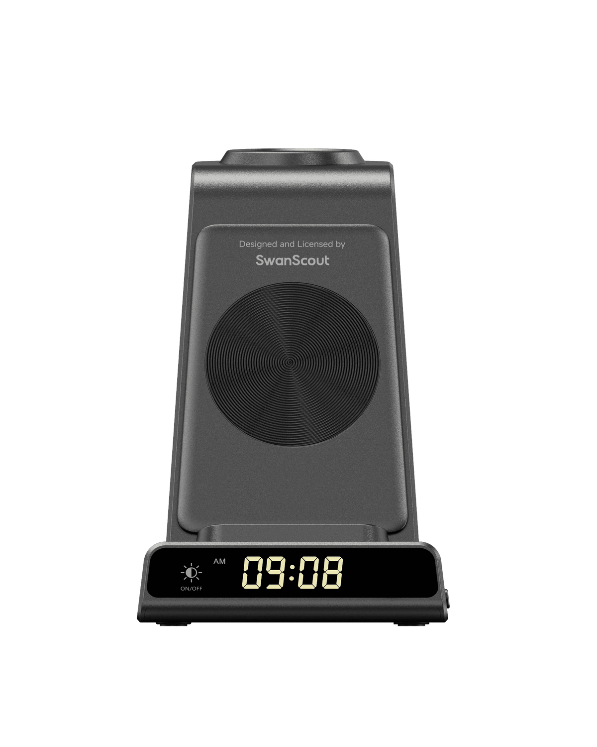 Front view of SwanScout C01S wireless charger with digital clock display