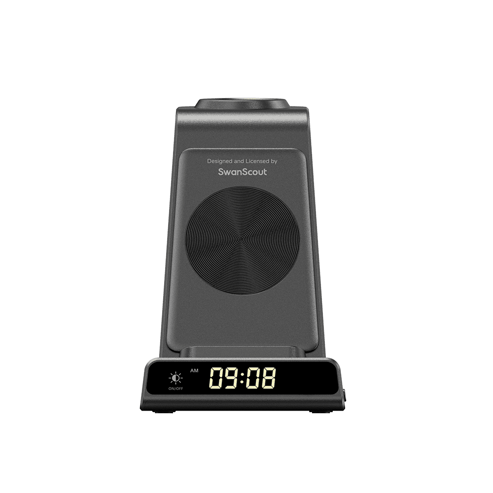 Front view of wireless charger with digital clock display SwanScout C01S 