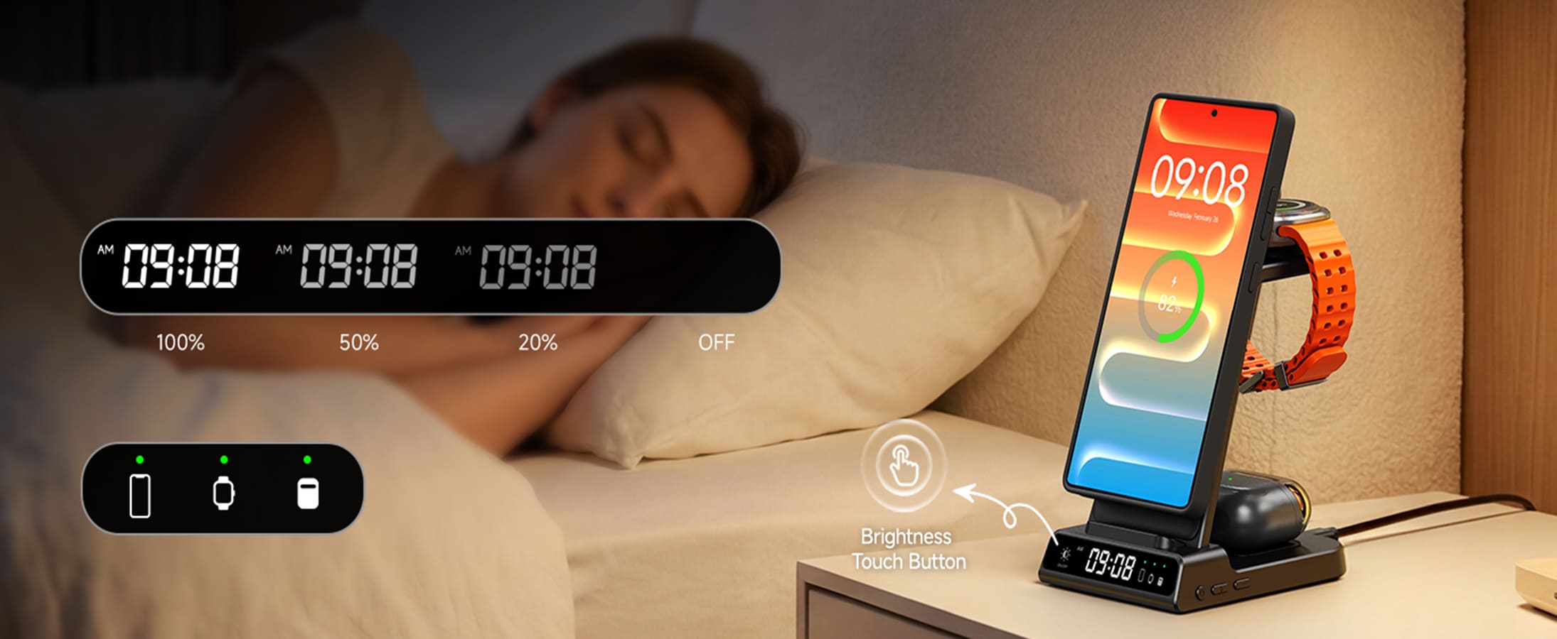 Wireless charging station with LED digital clock adjustable brightness levels and smart charging indicator for Samsung Galaxy devices SwanScout C01SM sleep friendly bedside charger