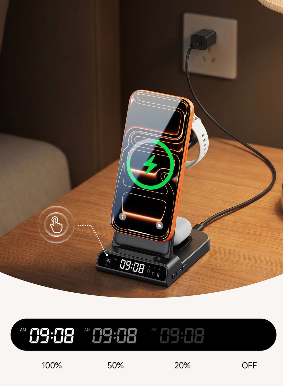 Touch-adjustable LED clock and individual charging indicators on SwanScout C02GM