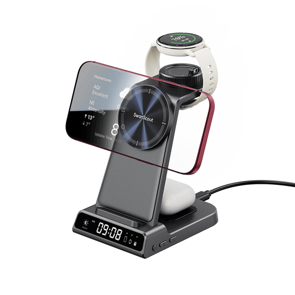 3-in-1 Garmin watch iphone 18 pro and earbuds charging dock with LED clock SwanScout C02GM