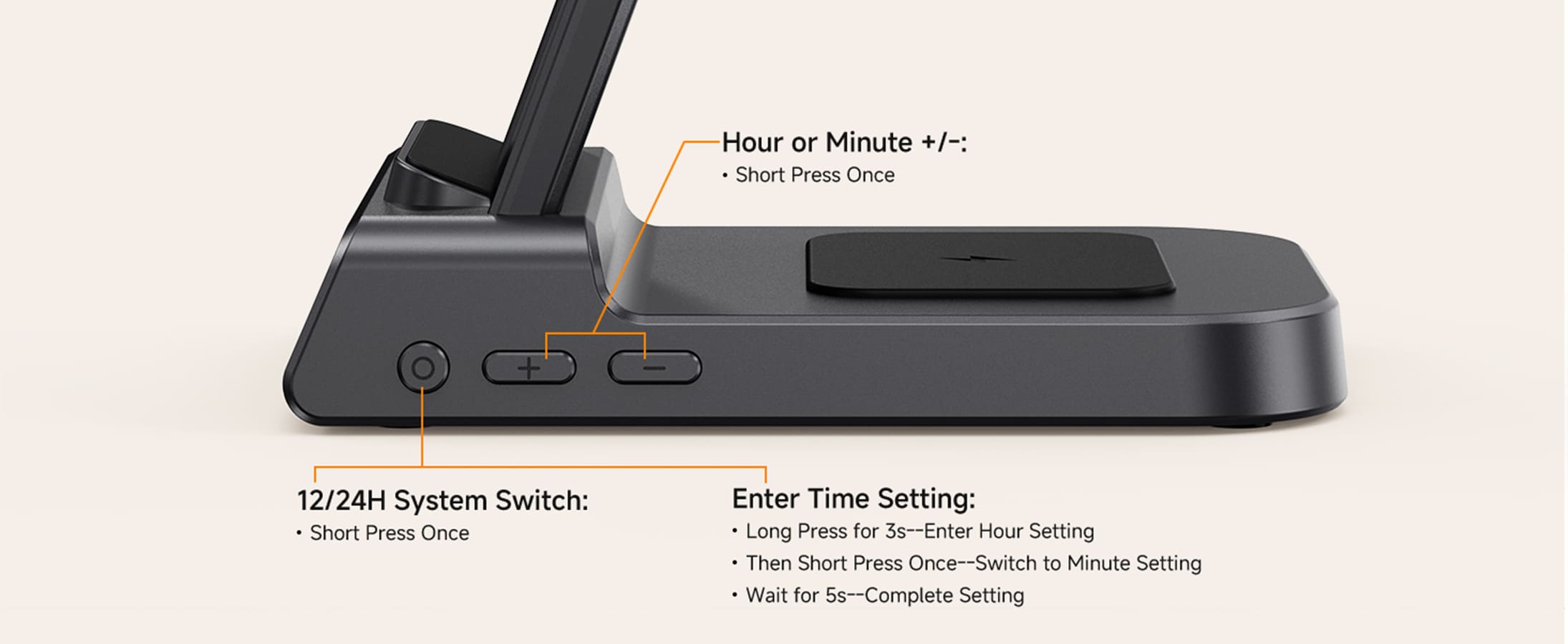 Clock display setting 12/24 hour mode wireless charger time adjustment steps iPhone Apple Watch AirPods SwanScout C02M