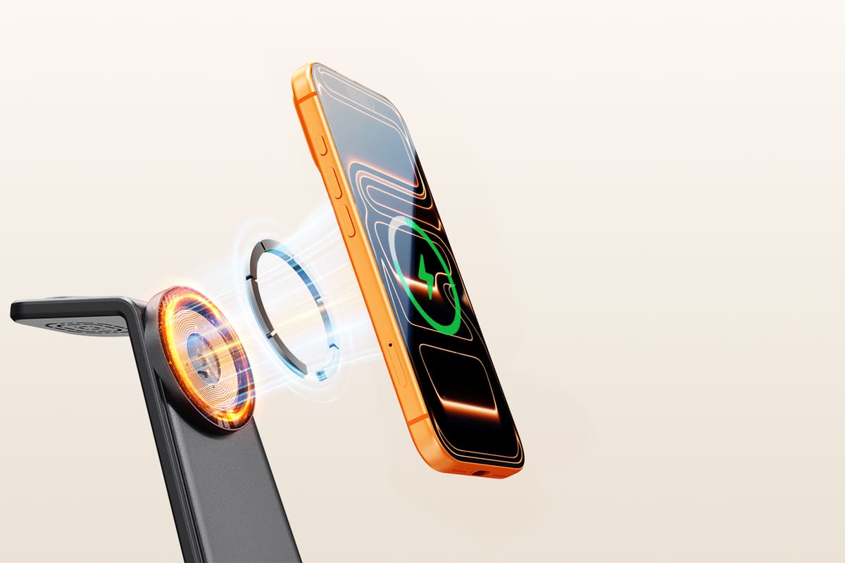 Magnetic wireless charger automatic alignment strong magnetic adsorption MagSafe iPhone charging process iPhone Apple Watch AirPods SwanScout C02M