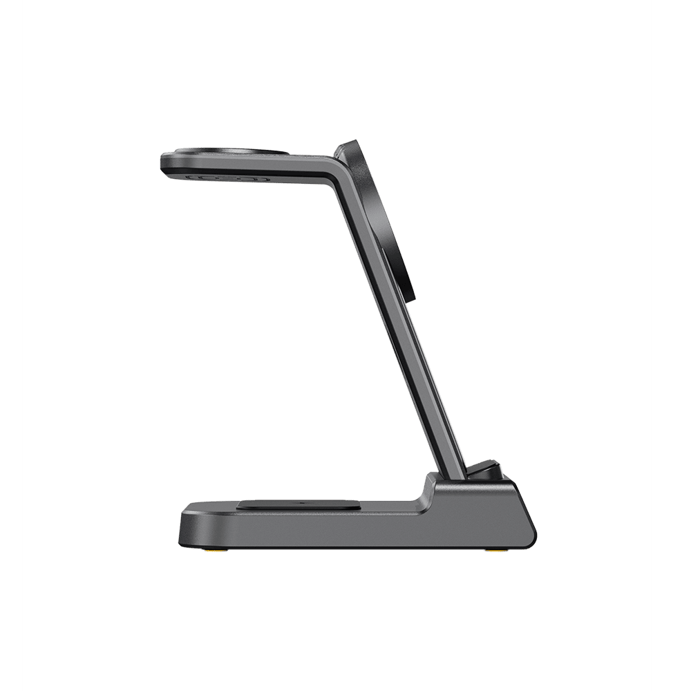 Side view of SwanScout C02M 3-in-1 magnetic charging station for Apple devices, compact and sleek design.