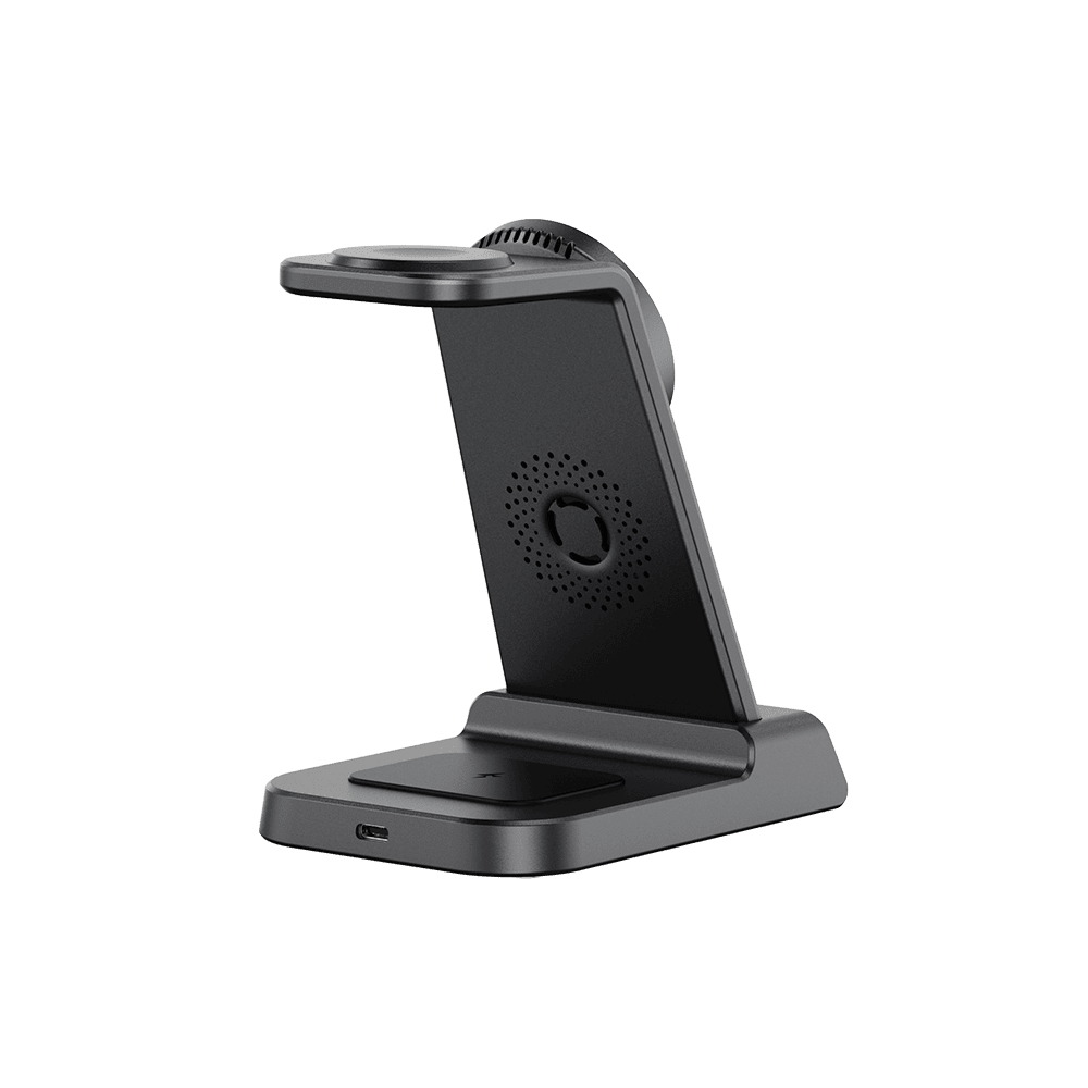 Rear view of SwanScout C02M 3-in-1 magnetic wireless charging station for Apple devices, featuring a sleek, clean design.