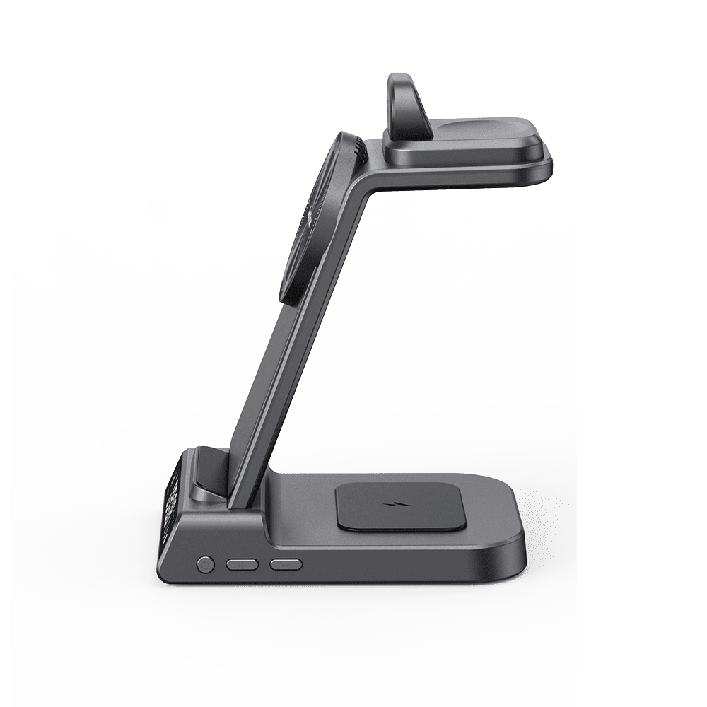 Side view of SwanScout C02MG4 dock with angled phone stand and control buttons