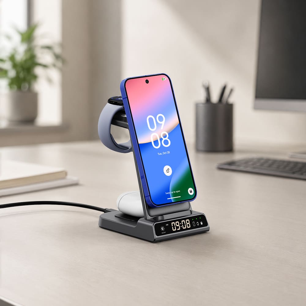 Pixel Watch 5/4 charger and phone stand on a desk with earbuds charging pad SwanScout C02MG4