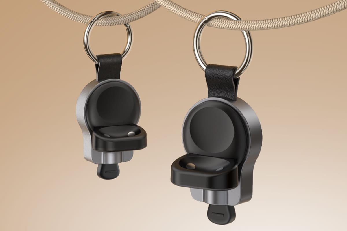 Portable wireless charging station attached to woven strap showing compact design with SwanScout S10042G4
